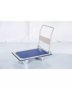 Lightweight folding platform trolley with anti-slip blue deck and four swivel castor wheels for easy manoeuvrability in warehouse or office use