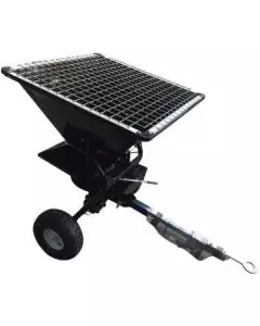 Heavy-duty towable salt spreader with robust wheels, protective grid cover, and adjustable tow bar for efficient winter gritting operations