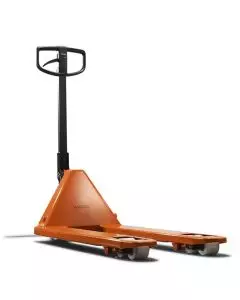 Toyota LHM230 Pallet Truck in orange, designed for efficient material handling with durable wheels and ergonomic design.