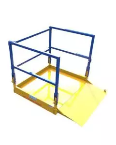 Yellow and blue folding goods transfer platform with ramp for forklift loading and safe material handling