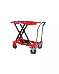 Red rough terrain mobile scissor lift table with durable wheels, designed for lifting heavy loads in rugged environments. Features a sturdy X-frame and ergonomic handles for easy maneuvering.