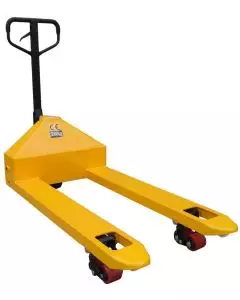 Heavy-duty yellow pallet truck with reinforced steel frame and red polyurethane wheels, designed for lifting and transporting heavy loads up to 3500kg in warehouses and industrial environments.