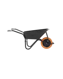 Olympus heavy-duty black wheelbarrow with puncture-proof orange tyre and ergonomic twin handles for landscaping and construction use