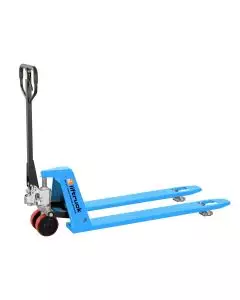 Blue Liftruck extra low profile pallet truck with black handle and red polyurethane steering wheels, designed for extremely low clearance pallets, isolated on white background