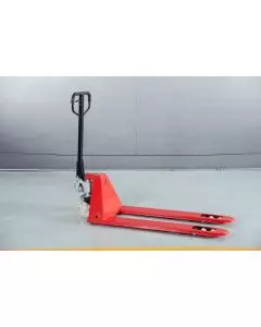 Low Profile Pallet Truck in red, designed for low clearance and heavy-duty operations with durable wheels for smooth movement.