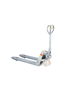 Galvanised hand pallet truck with nylon steering wheels and corrosion-resistant steel forks for hygienic material handling in wet or food environments