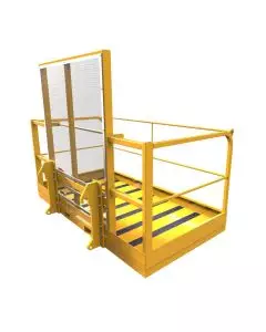 Heavy-duty yellow telehandler safety cage with mesh back guard and anti-slip floor for safe elevated working at height